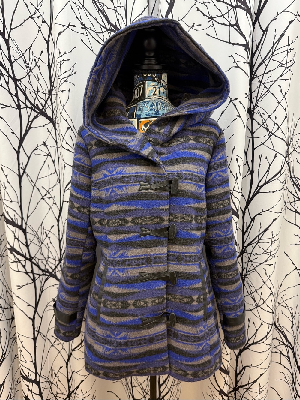 Truel Denim Women’s Large Aztec Print Coat Jacket Blue Black Western Style